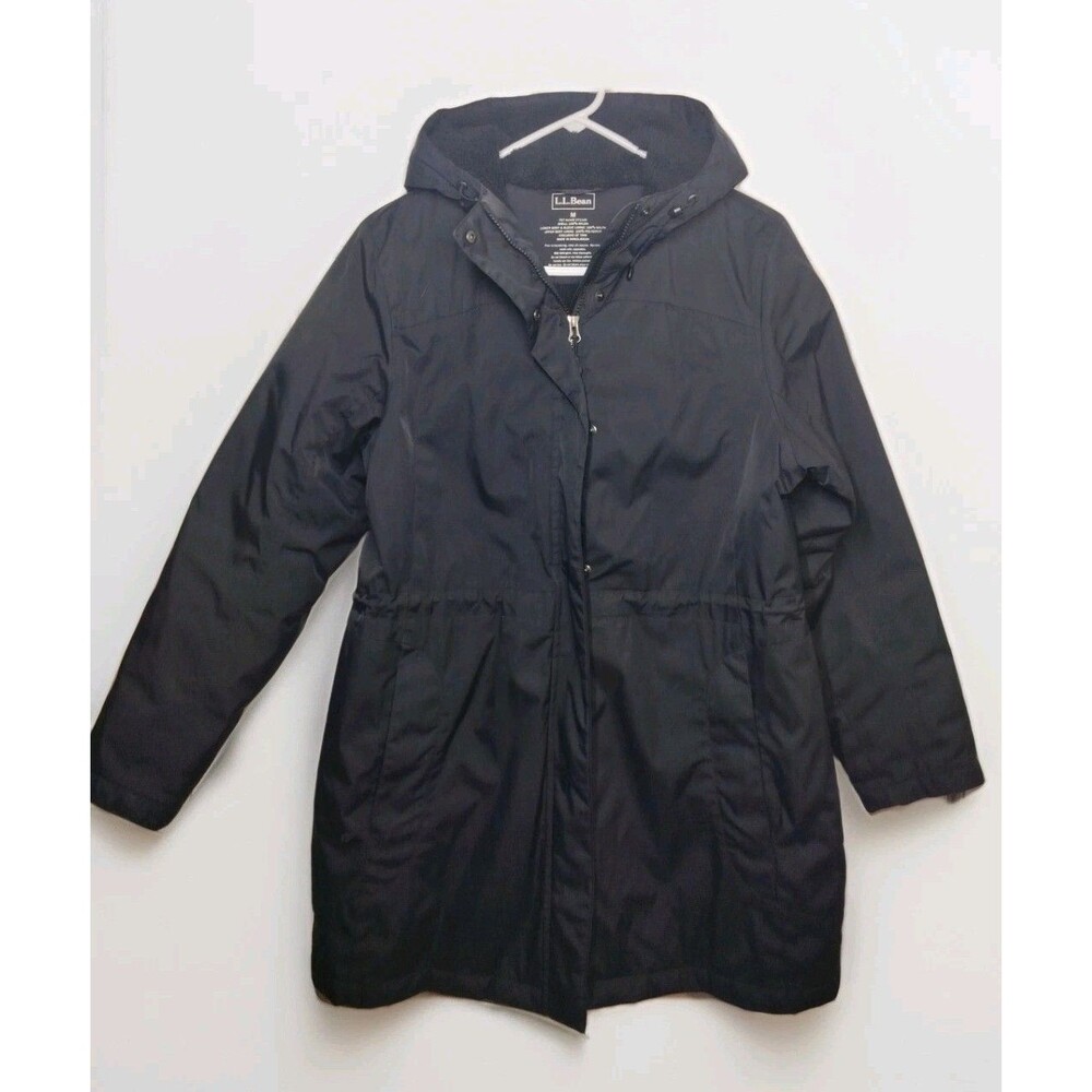 LL BEAN Black Full Zip Hooded Faux Fur Long Coat Parka Jacket Womens SZ M (READ)